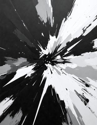 The primary subject of the image is a black and white painting of a white circle with a black center. The setting is a black background, and the visual style is a painting or drawing. The colors and mood of the image are predominantly black and white, creating a sense of contrast and depth.
